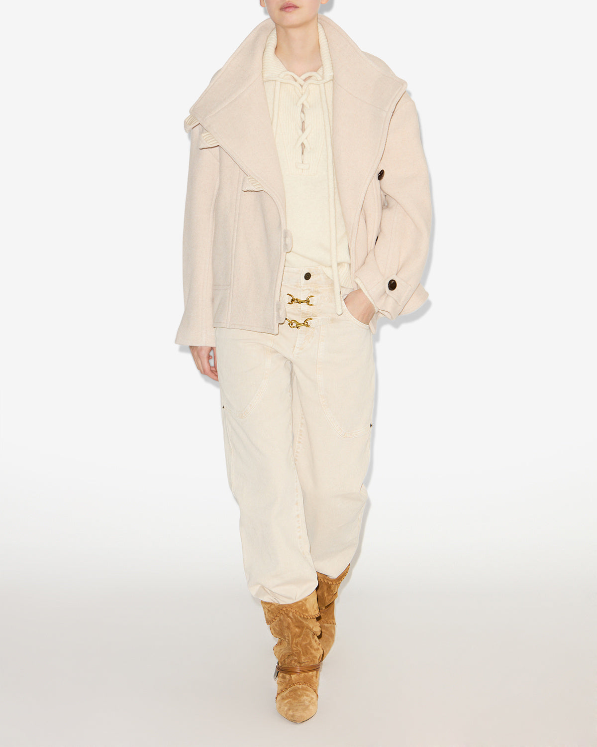 Chic Wool Blend Cropped Coat with Stand-Up Collar &amp; Asymmetrical Buttons