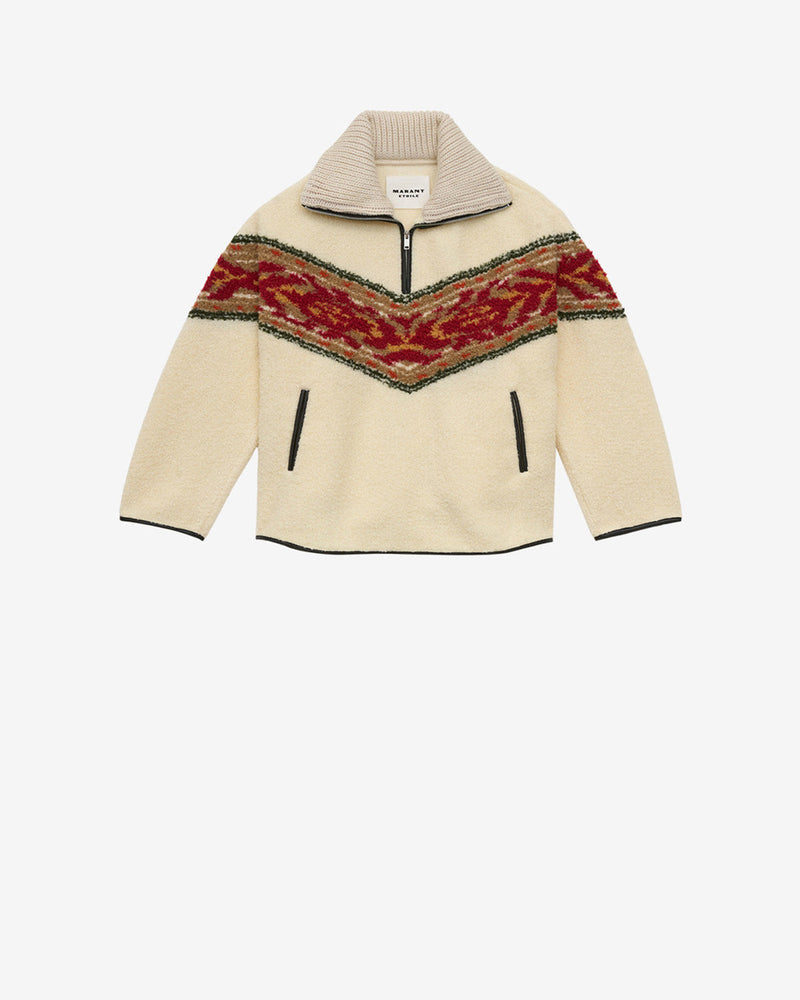 Ecru Graphic Stripe Fleece Jacket with Ribbed Collar & Pockets for Women