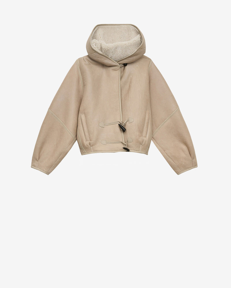 Luxurious Women's Ecru Shearling Hooded Coat with Toggle Fasteners