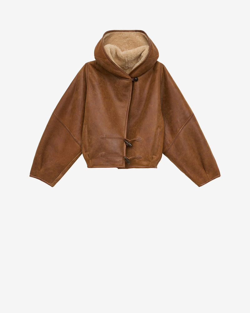 Isabel Marant Amiel Shearling Hooded Short Coat with Toggle Fasteners