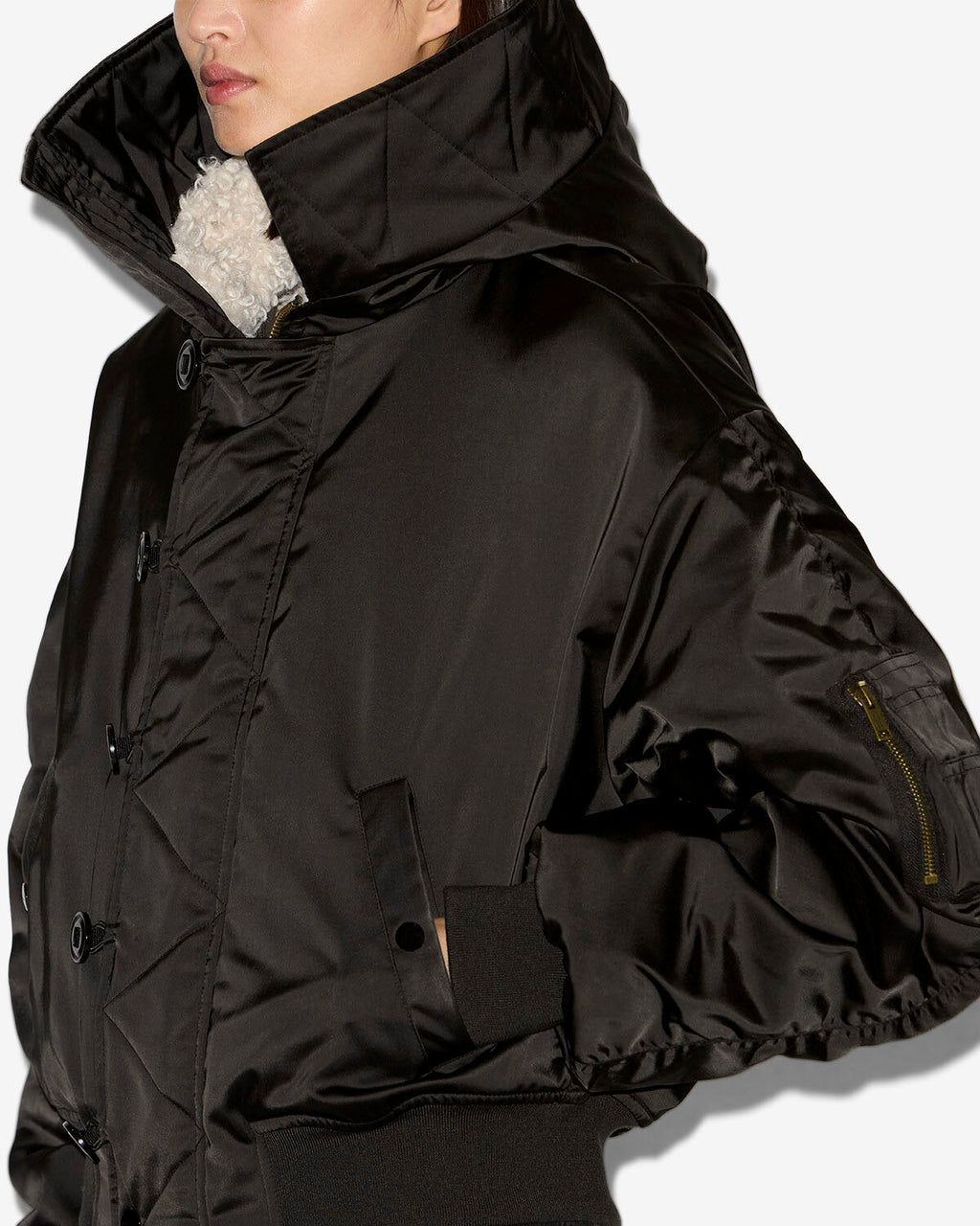 Chic Quilted Satin Nylon ELISA Coat Faux Fur Lapel Hooded Jacket