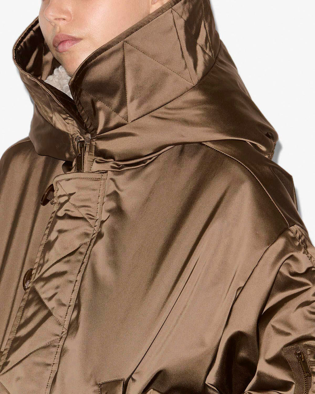 Chic Quilted Satin ELISA Coat with Faux Fur Lapel and Zippered Hood