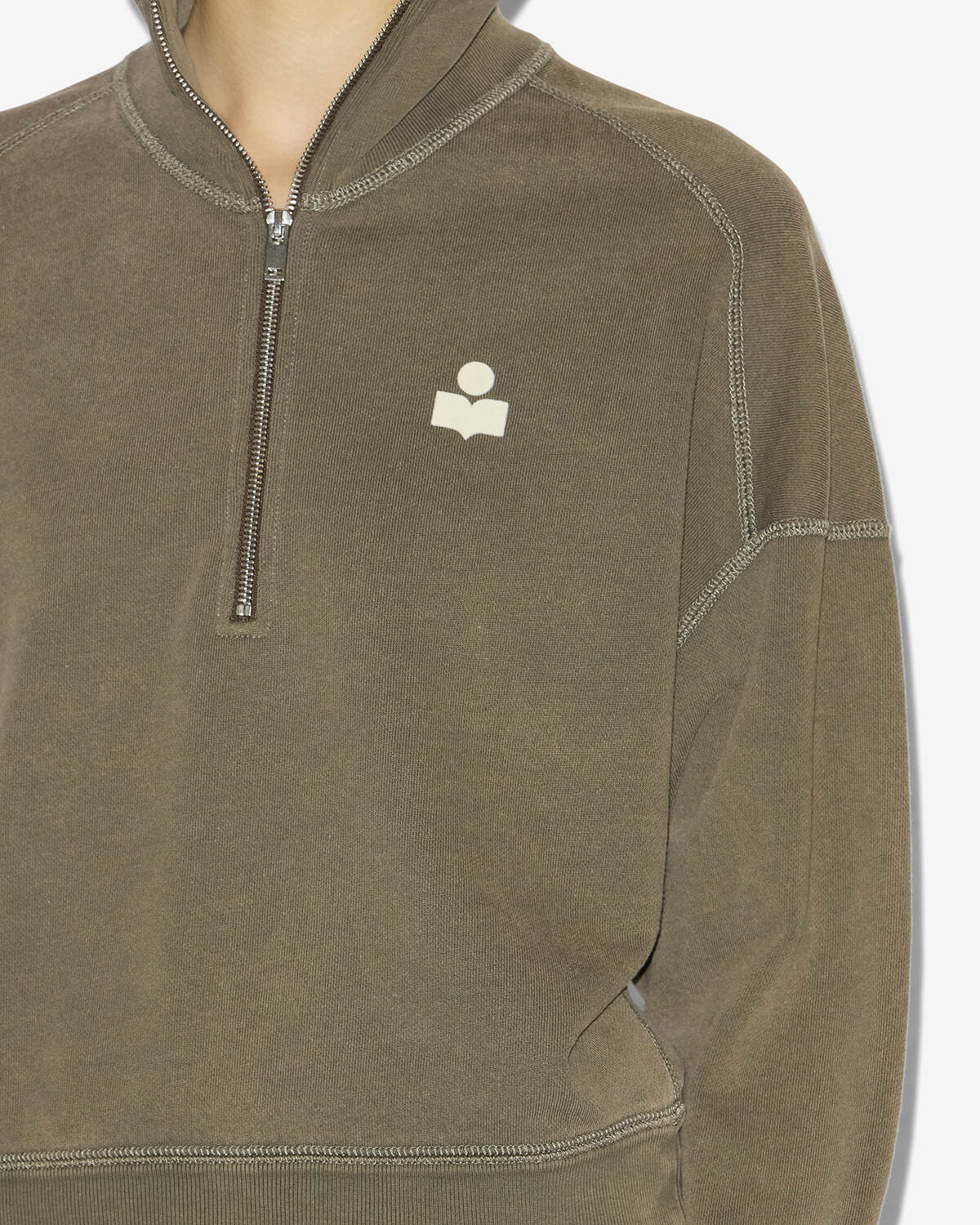 Chic Overdyed Cotton Stand-Up Collar Zip Sweatshirt with 'IM' Logo Detail