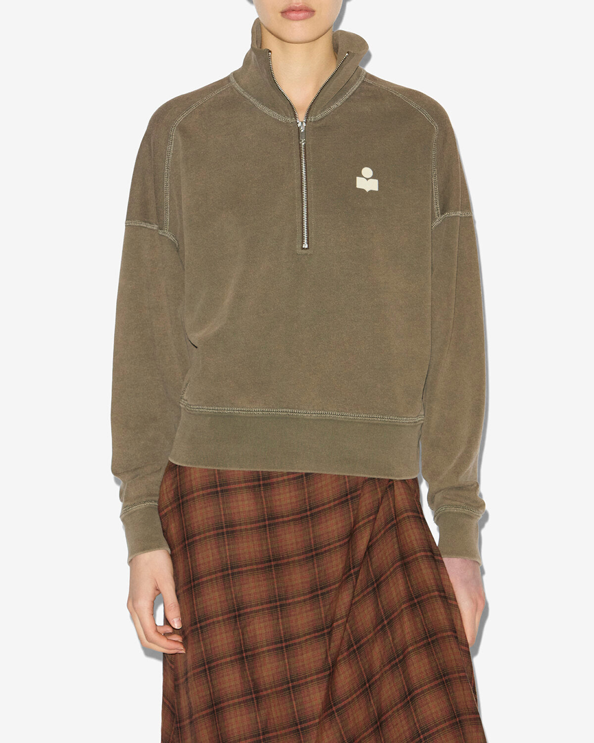 Chic Overdyed Cotton Stand-Up Collar Zip Sweatshirt with 'IM' Logo Detail