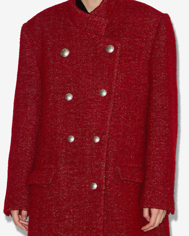 Isabel Marant Giusa Deep Red Brushed Wool Oversized Long Coat with Metal Buttons