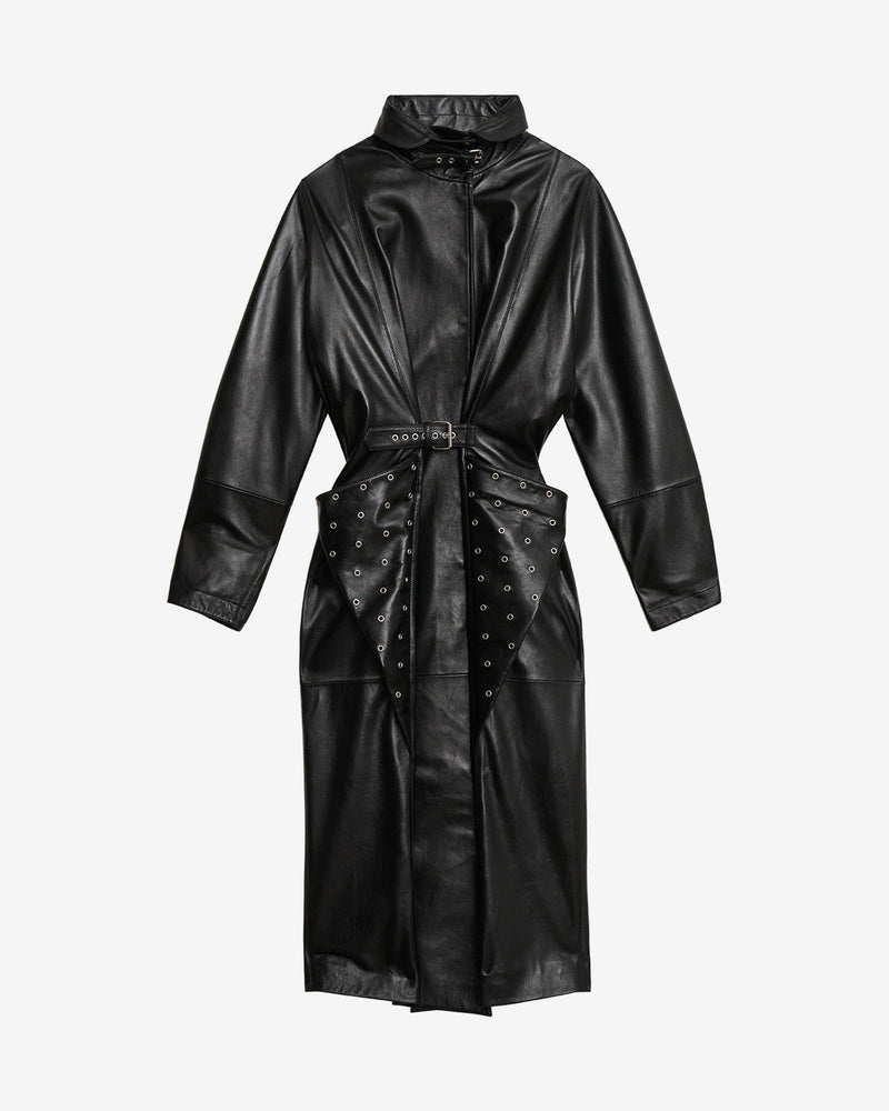 Isabel Marant Cesira Long Leather Coat - Chic Asymmetrical Stand-Up Collar Design