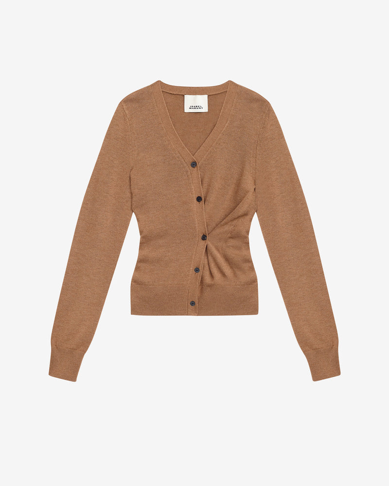 Isabel Marant Carline Cable Knit V-Neck Cardigan: Fitted, Asymmetrical, Ribbed, Camel