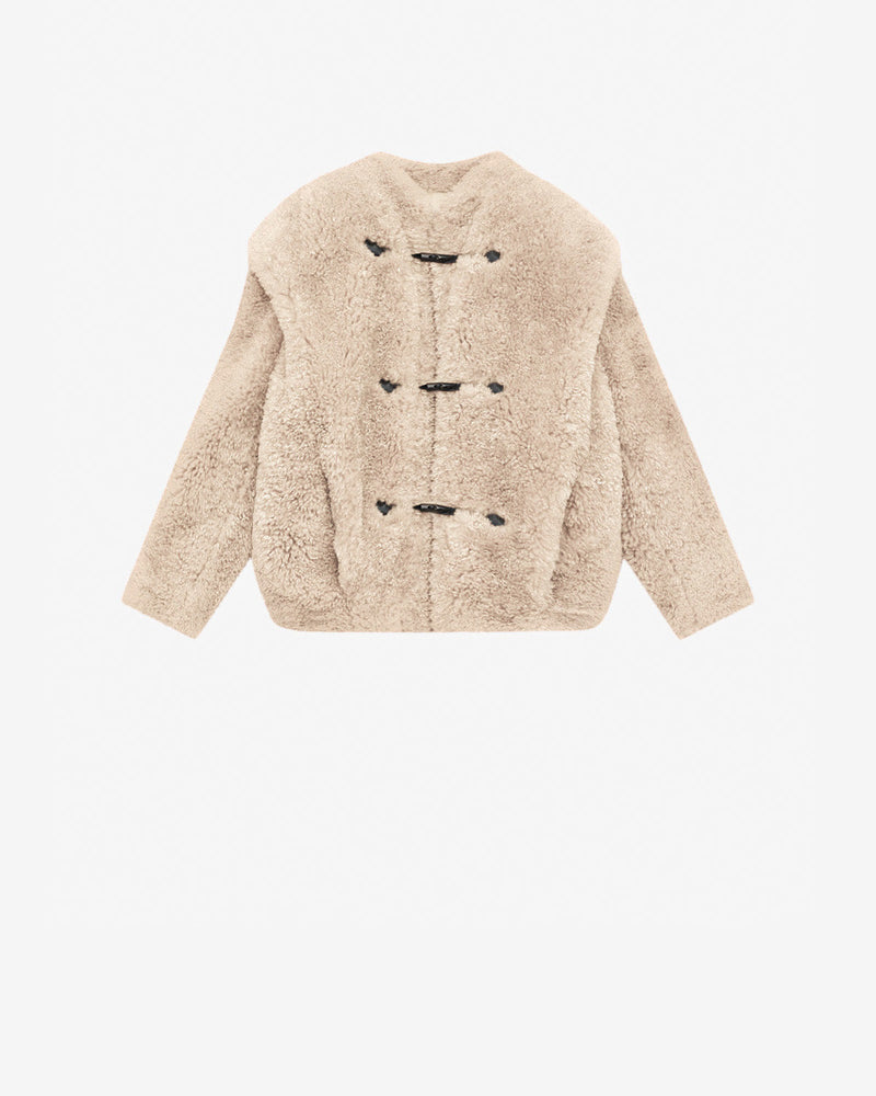 Etoile Avalia Ecru Curly Faux Fur Coat: Stand Collar, Toggle Fasteners