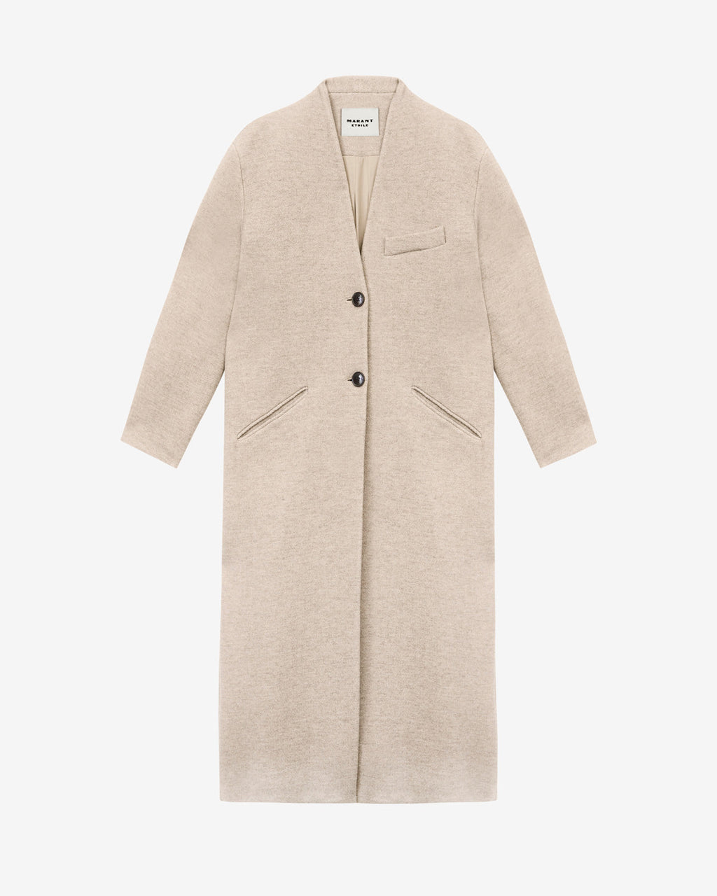 Chic Collarless Virgin Wool Longline Coat for Women with Flap Pockets