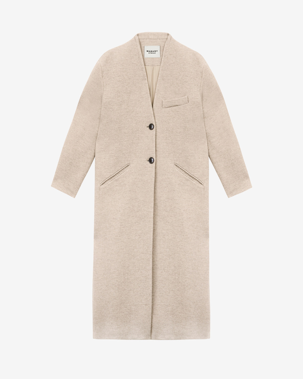 Chic Collarless Virgin Wool Longline Coat for Women with Flap Pockets
