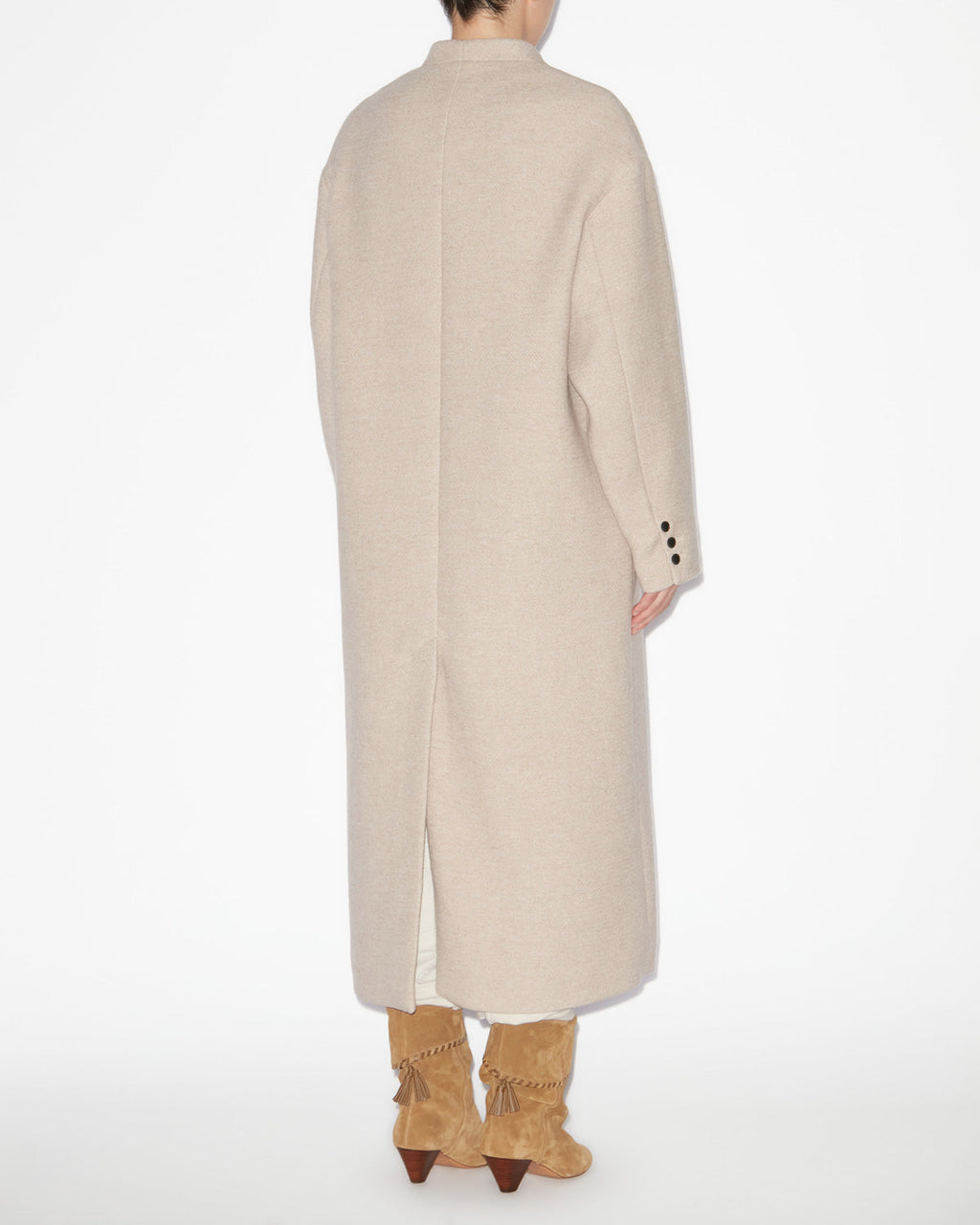 Chic Collarless Virgin Wool Longline Coat for Women with Flap Pockets