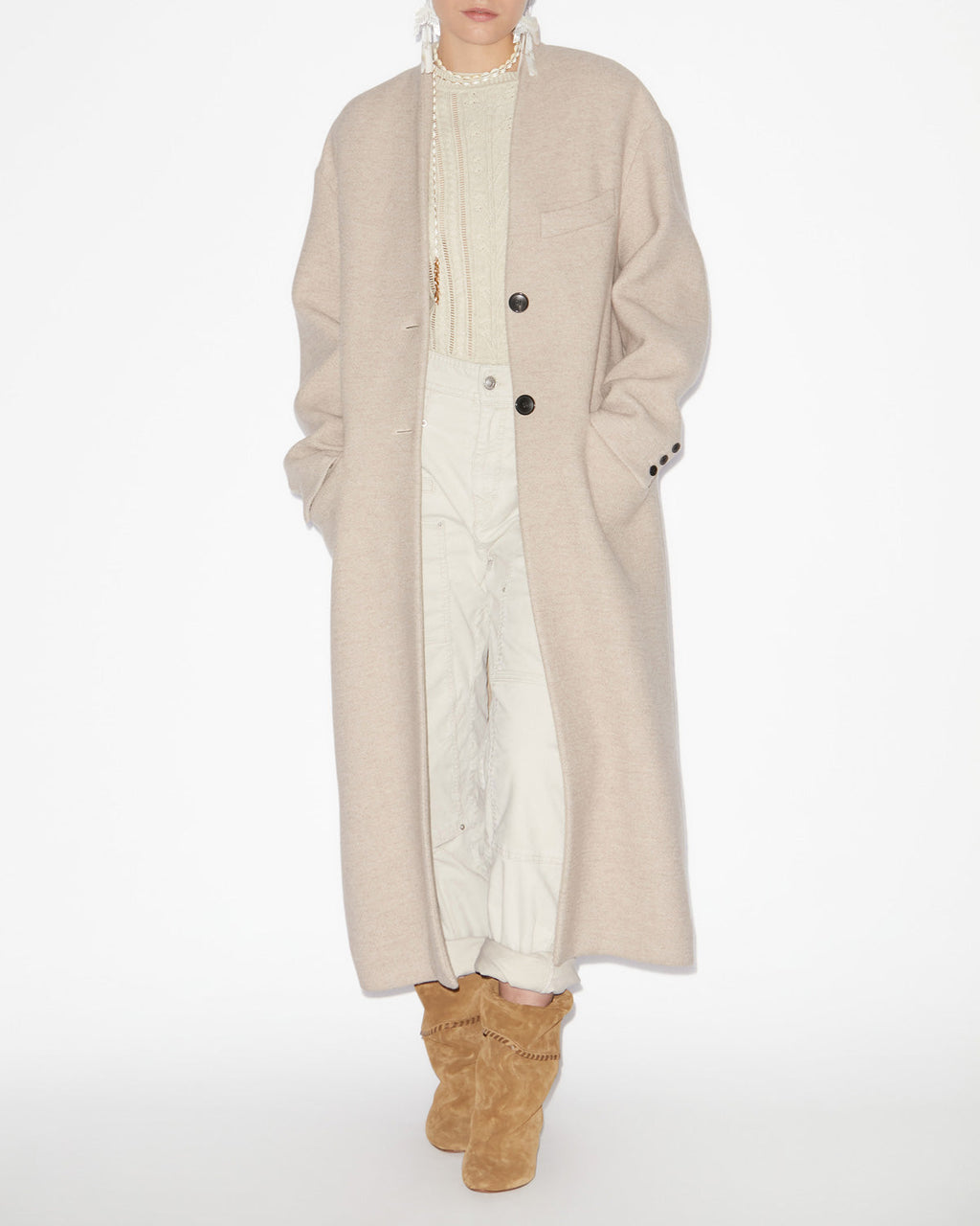Chic Collarless Virgin Wool Longline Coat for Women with Flap Pockets