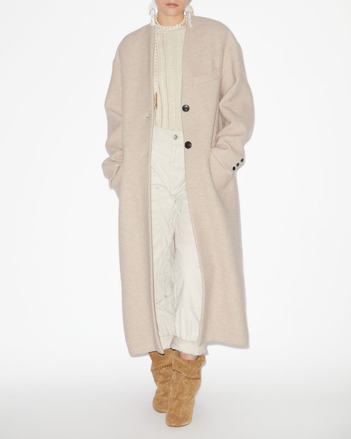 Chic Collarless Virgin Wool Longline Coat for Women with Flap Pockets