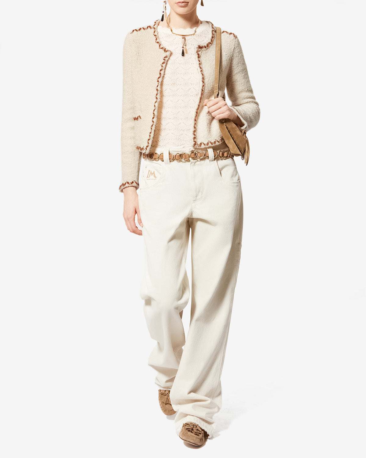 Chic Rochelle Merino Wool Tweed Cardigan: Ribbon Trim, Pockets, Elegant Fitted Style