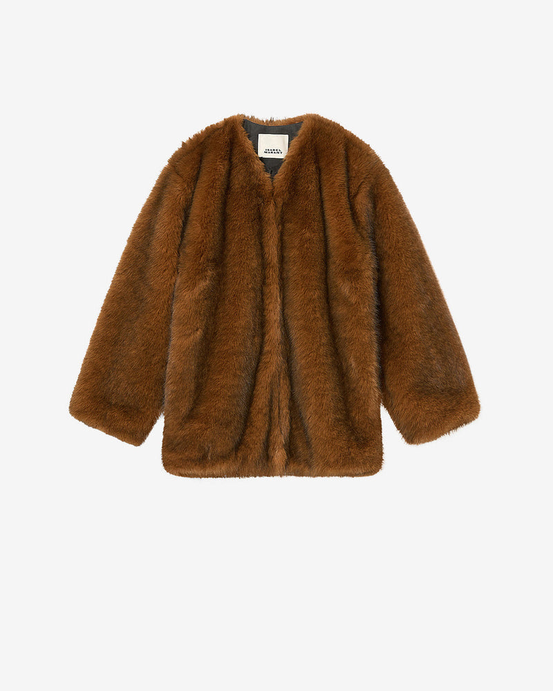 Isabel Marant Aglae Ochre Faux Fur Coat: Chic V-Neck, Long Sleeves