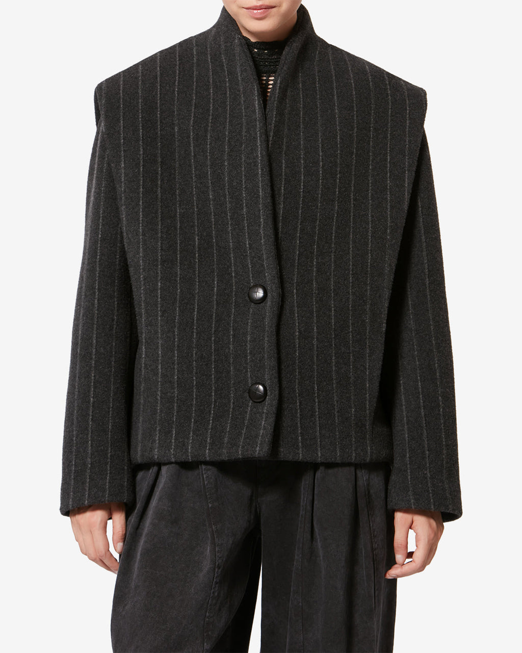 Chic Isabel Marant Dyogo Wool Blend Short Coat, V-Neck, Faux Leather Buttons