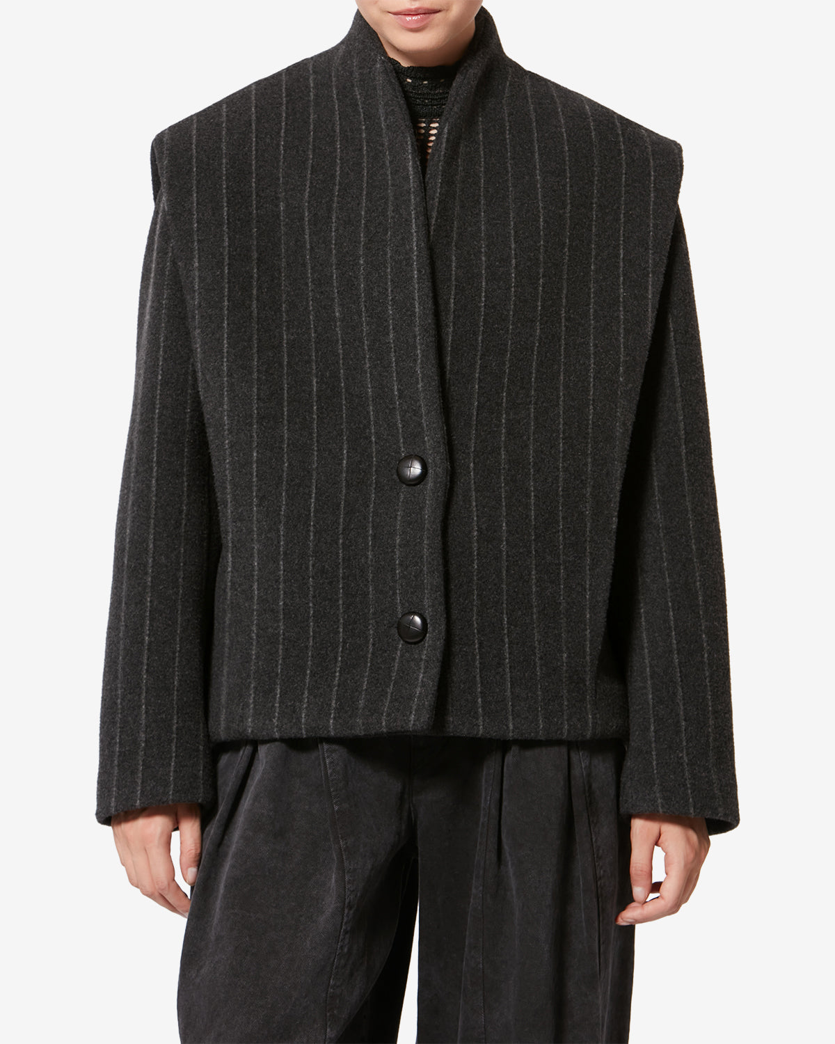 Chic Isabel Marant Dyogo Wool Blend Short Coat, V-Neck, Faux Leather Buttons