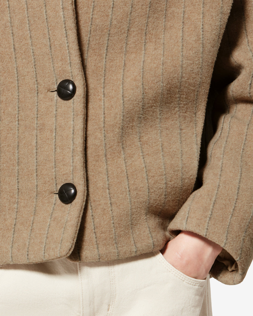 Chic Isabel Marant Dyogo Taupe Wool Blend V-Neck Coat with Faux Leather Buttons