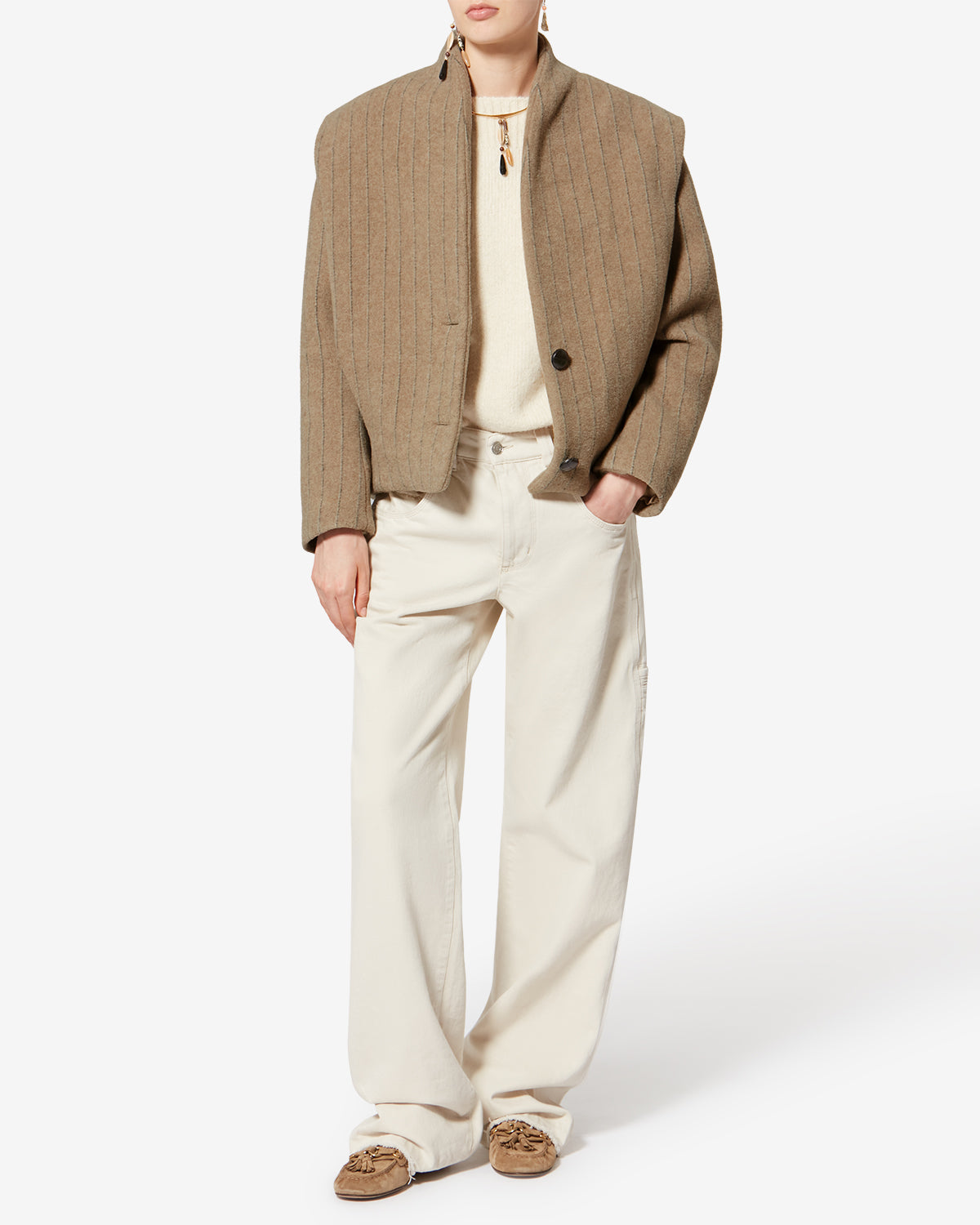 Chic Isabel Marant Dyogo Taupe Wool Blend V-Neck Coat with Faux Leather Buttons