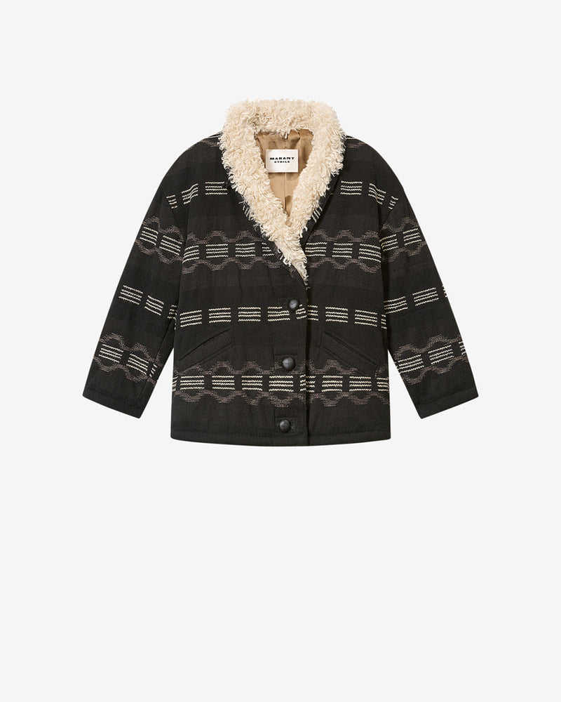Chic Qayla Wavy Jacquard Cotton Linen Blend Coat with Faux Fur Collar