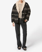 Chic Qayla Wavy Jacquard Cotton Linen Blend Coat with Faux Fur Collar