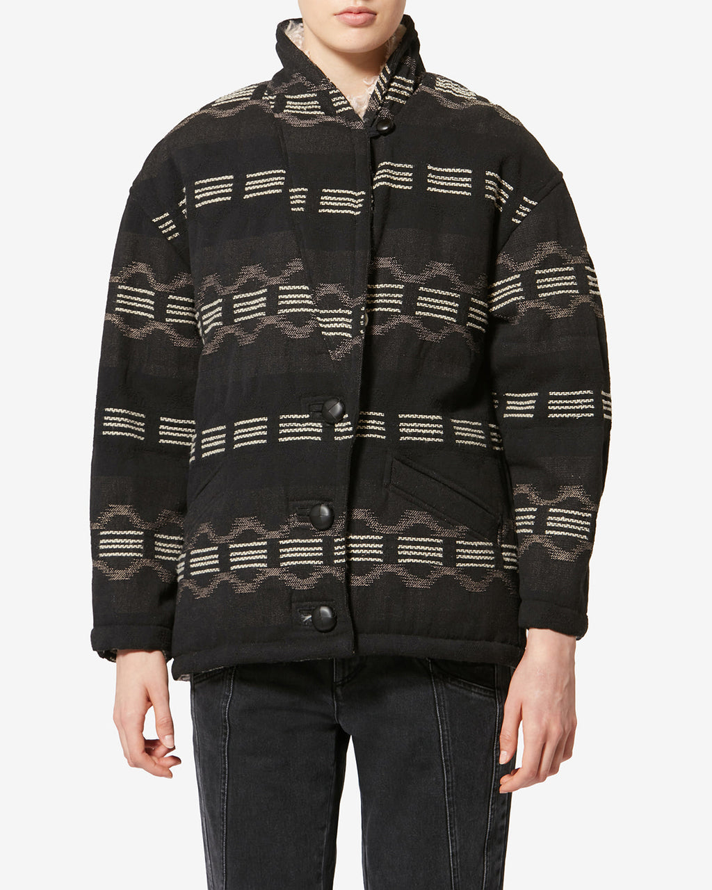 Chic Qayla Wavy Jacquard Cotton Linen Blend Coat with Faux Fur Collar