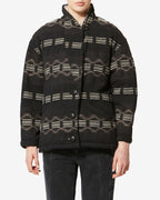 Chic Qayla Wavy Jacquard Cotton Linen Blend Coat with Faux Fur Collar