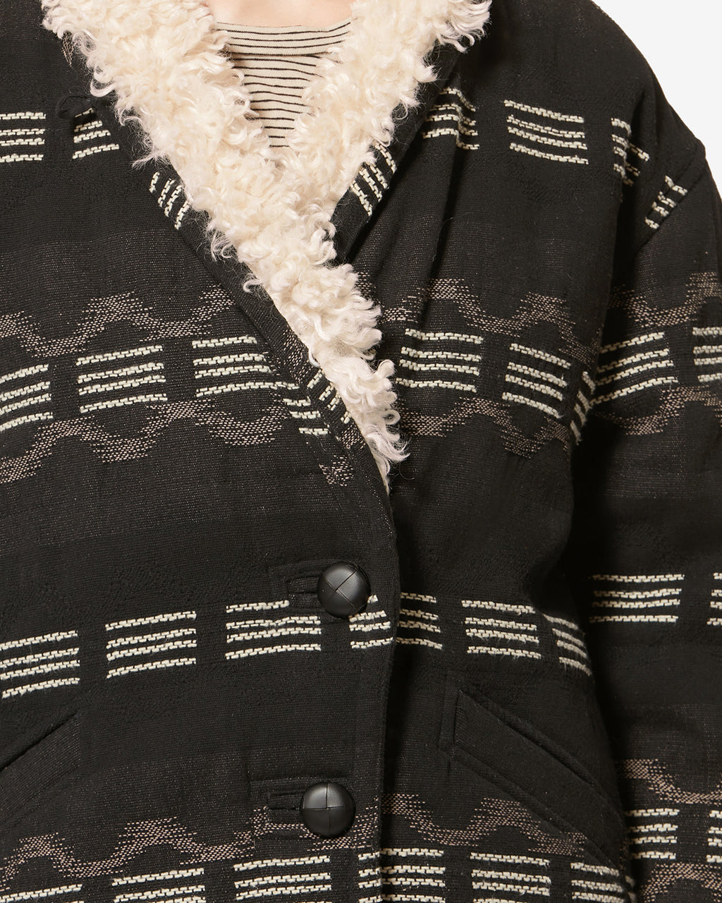 Chic Qayla Wavy Jacquard Cotton Linen Blend Coat with Faux Fur Collar