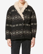 Chic Qayla Wavy Jacquard Cotton Linen Blend Coat with Faux Fur Collar