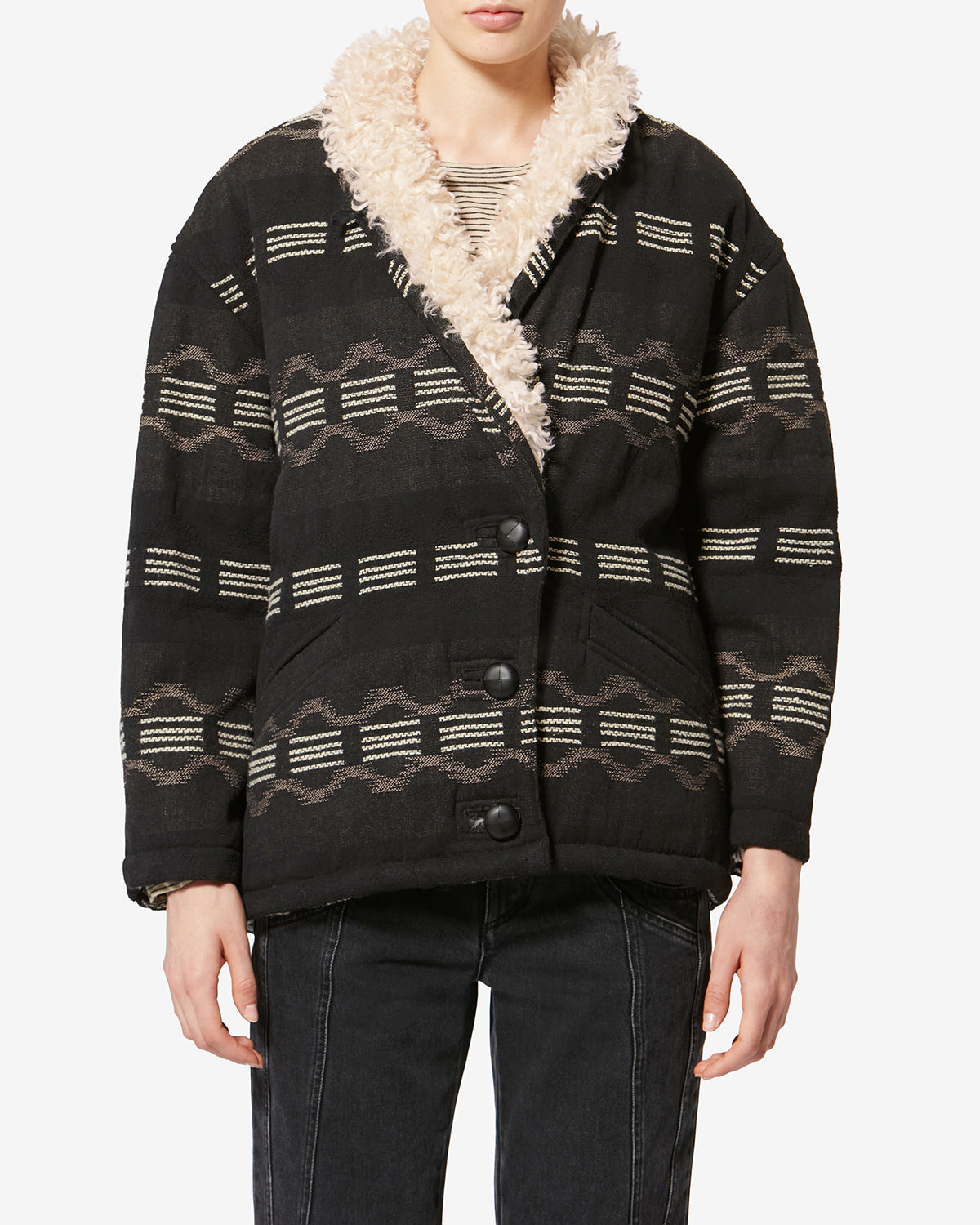 Chic Qayla Wavy Jacquard Cotton Linen Blend Coat with Faux Fur Collar