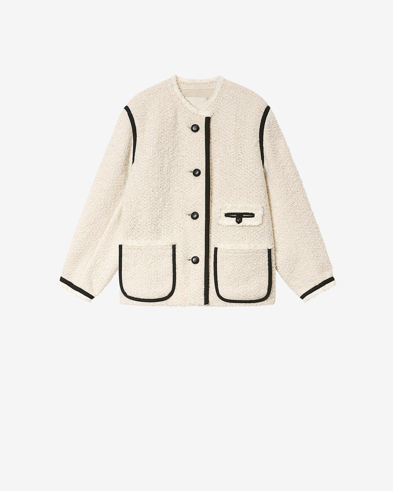 Chic Bouclé Tweed Wool Blend Short Jacket Coat - Ecru Round Neck Maylin