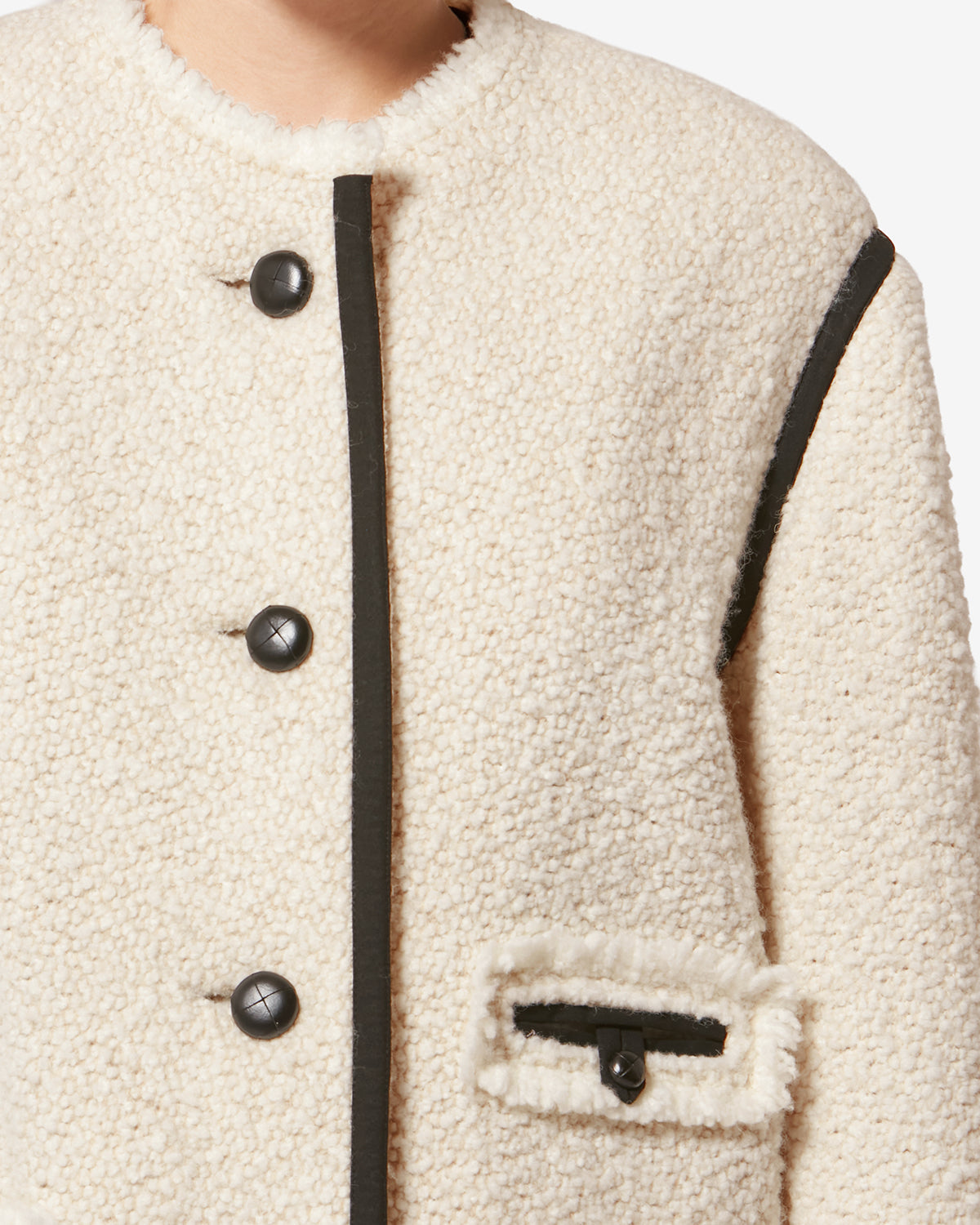 Chic Bouclé Tweed Wool Blend Short Jacket Coat - Ecru Round Neck Maylin