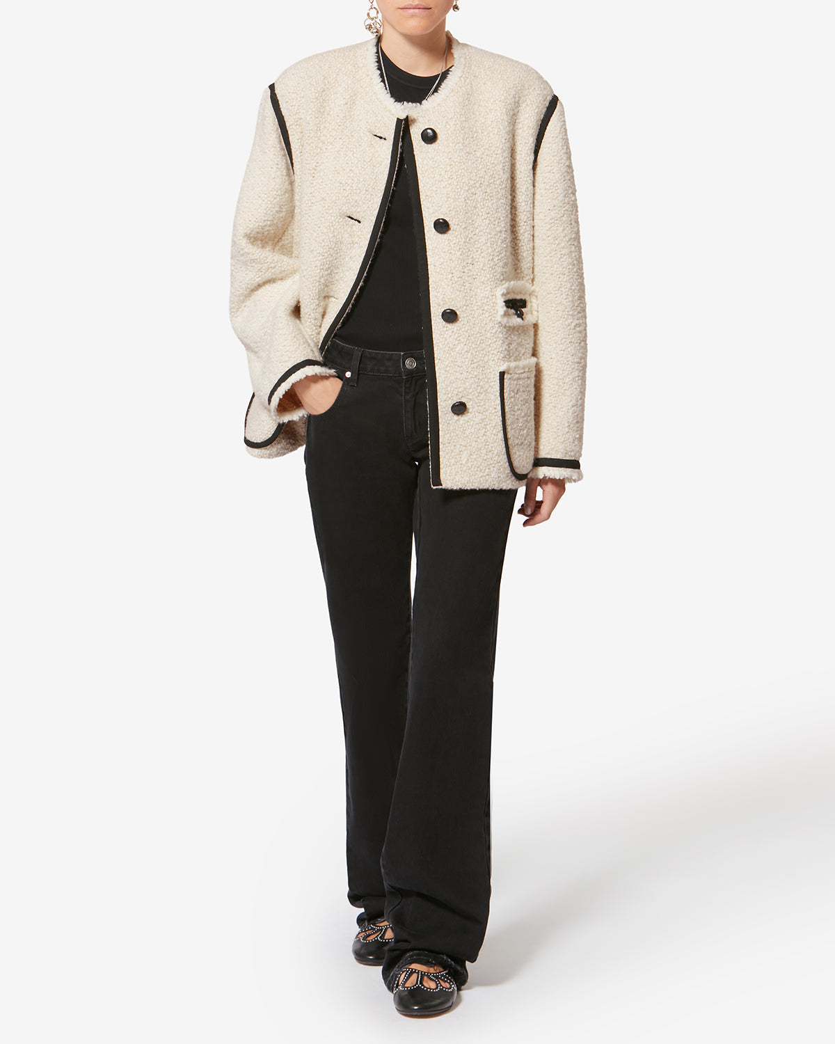 Chic Bouclé Tweed Wool Blend Short Jacket Coat - Ecru Round Neck Maylin