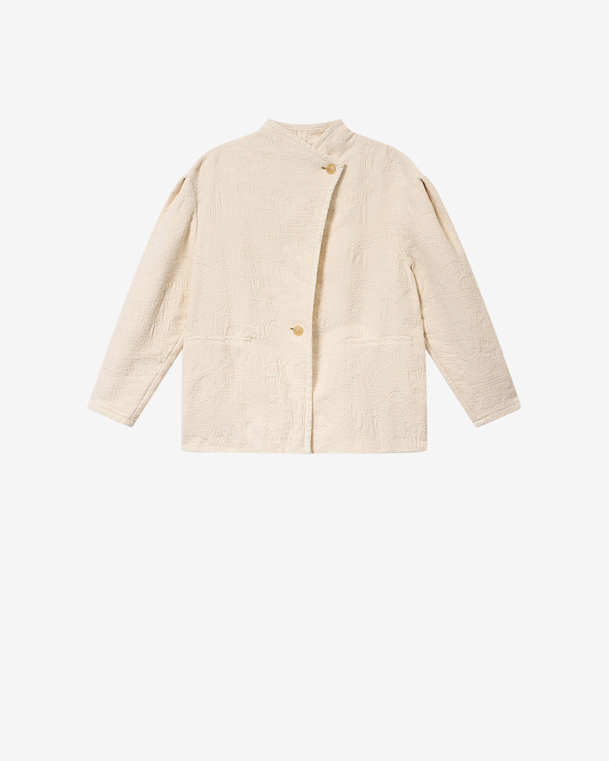 Chic Ecru Textured Double-Faced Cotton Short Coat with Asymmetrical Button Tab