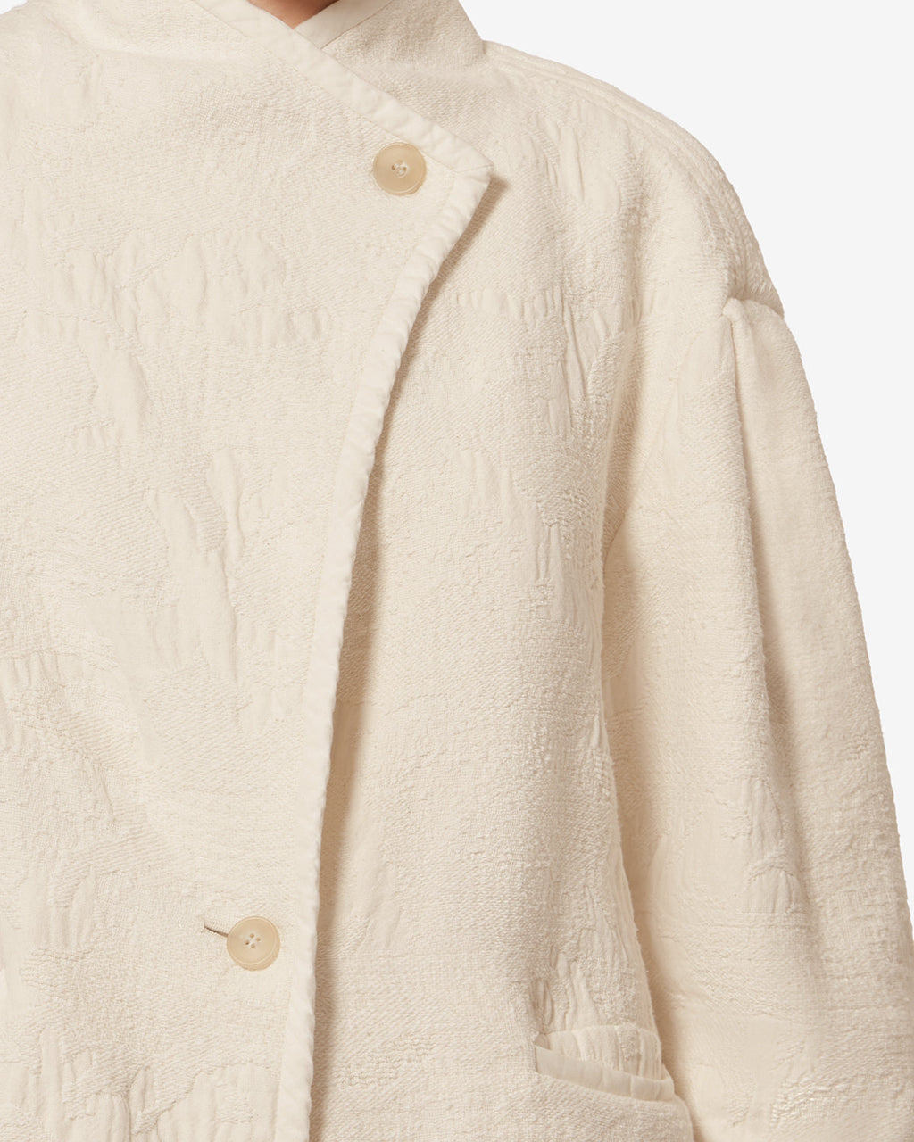Chic Ecru Textured Double-Faced Cotton Short Coat with Asymmetrical Button Tab