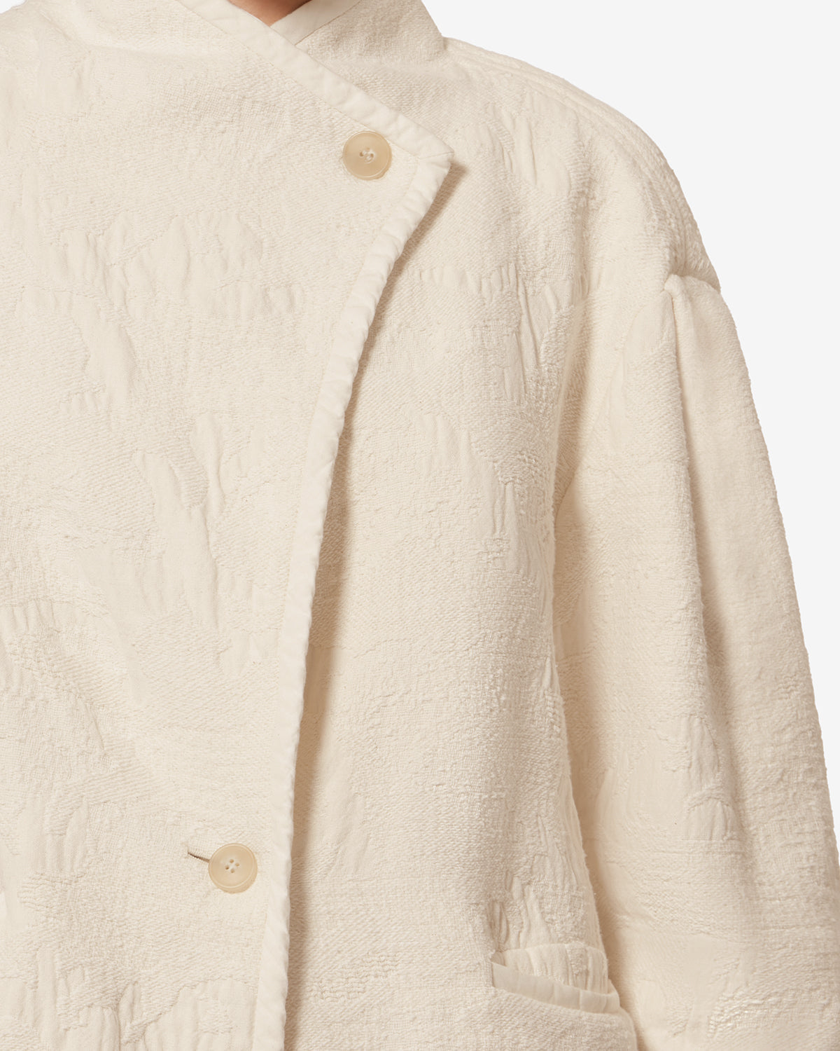 Chic Ecru Textured Double-Faced Cotton Short Coat with Asymmetrical Button Tab