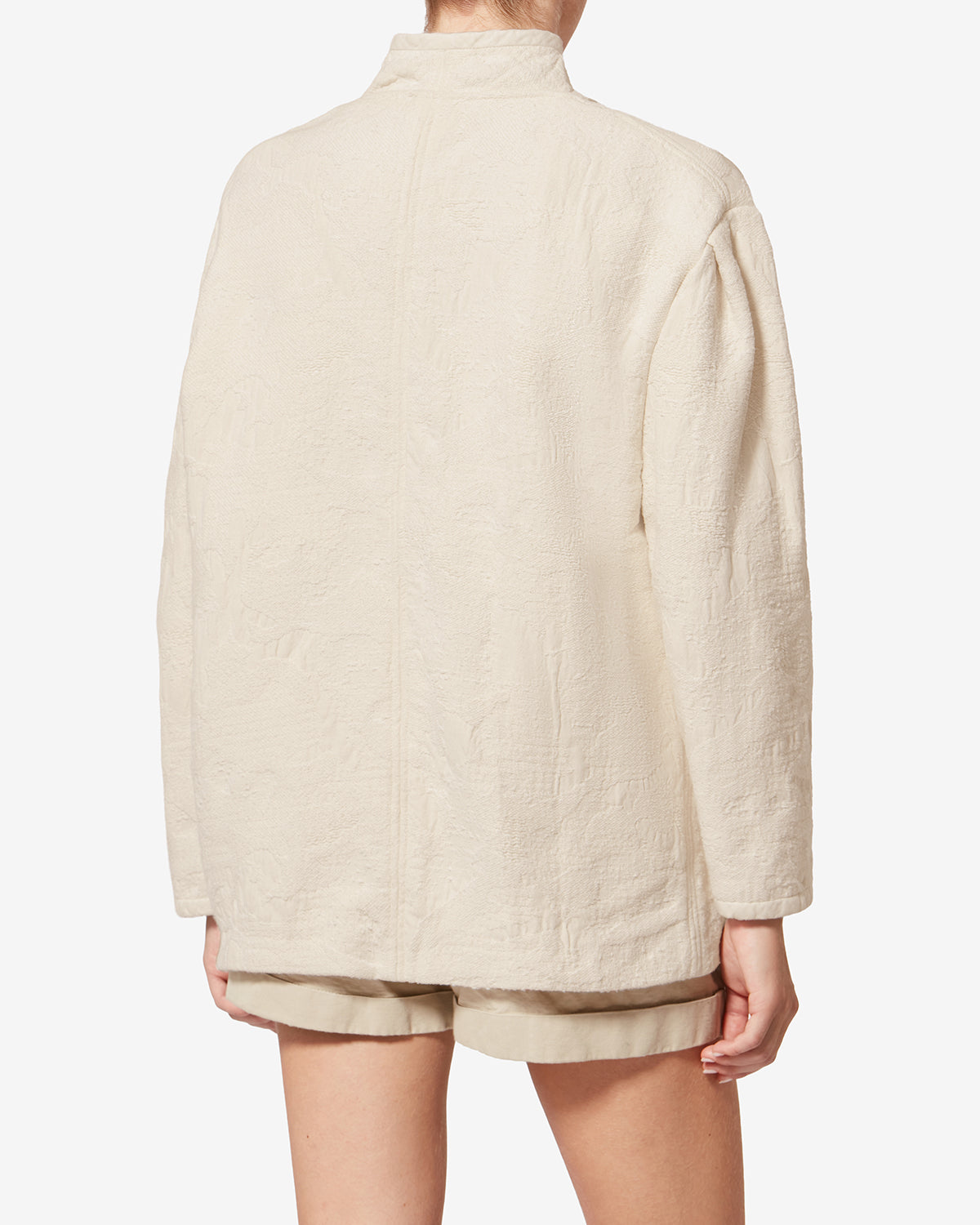 Chic Ecru Textured Double-Faced Cotton Short Coat with Asymmetrical Button Tab