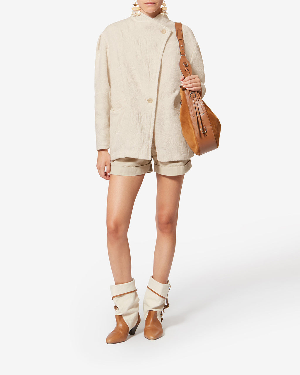 Chic Ecru Textured Double-Faced Cotton Short Coat with Asymmetrical Button Tab