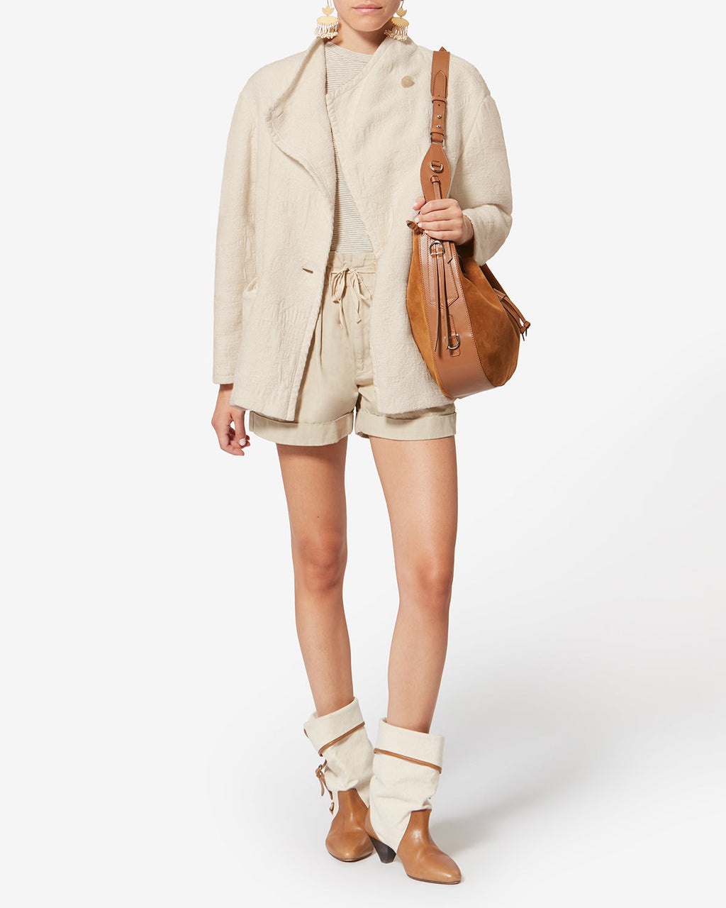 Chic Ecru Textured Double-Faced Cotton Short Coat with Asymmetrical Button Tab