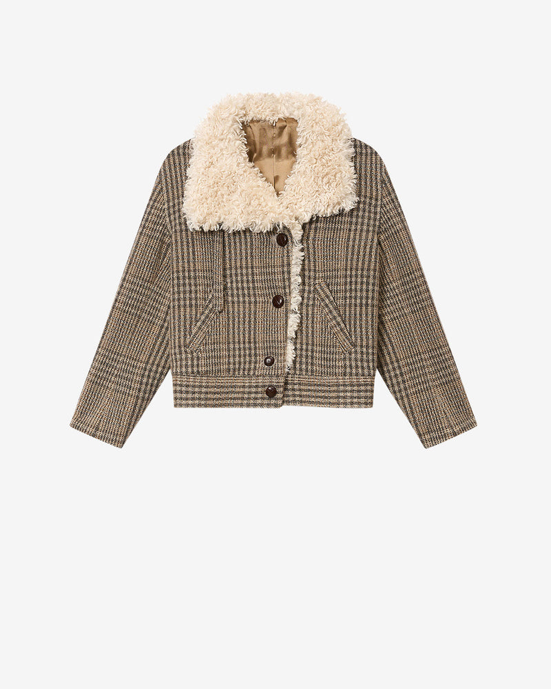 FADIA Chic Prince-of-Wales Virgin Wool Short Jacket Coat Faux Fur Collar
