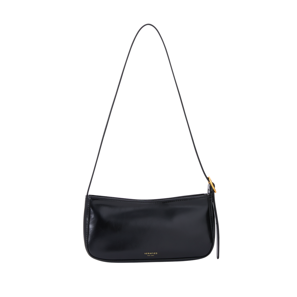 Chic Genuine Leather Black Shoulder Bag with Golden Hardware - Compact Baguette Style