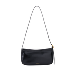 Chic Genuine Leather Black Shoulder Bag with Golden Hardware - Compact Baguette Style