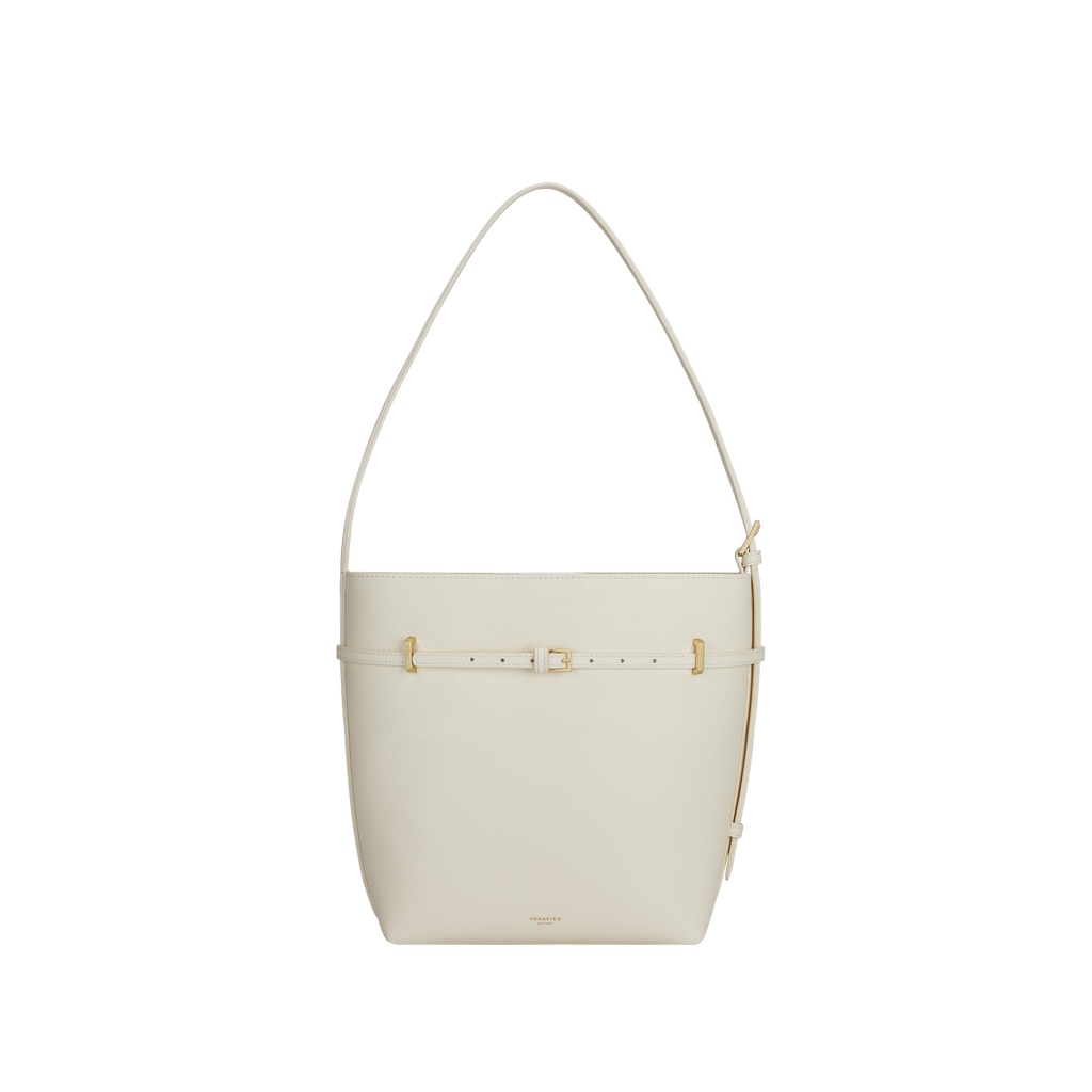 Chic Ivory Togo Leather Belted Tote Bag - Stylish Adjustable Shoulder Handbag