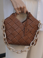 Caramel Woven Leather Basket Handbag with Adjustable Crossbody Shoulder Strap