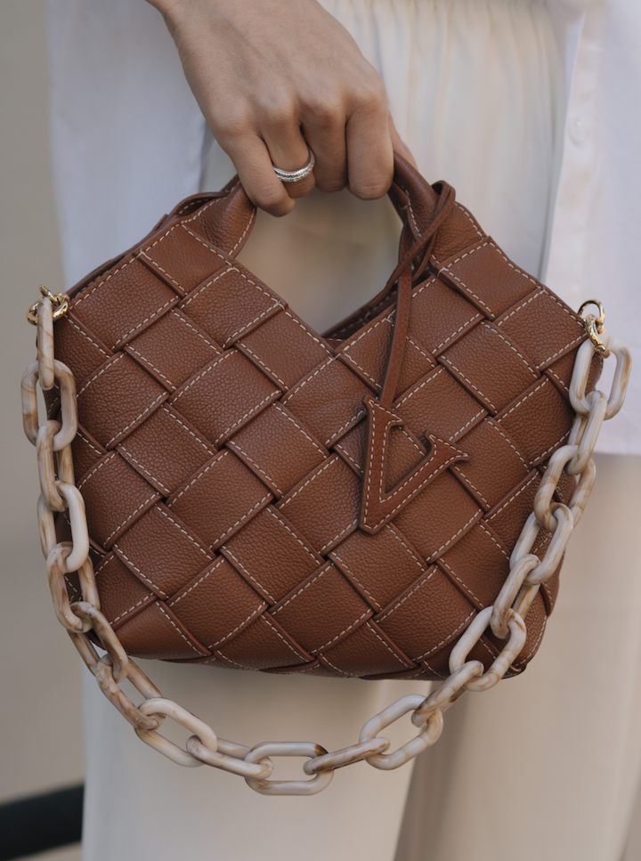 Caramel Woven Leather Basket Handbag with Adjustable Crossbody Shoulder Strap