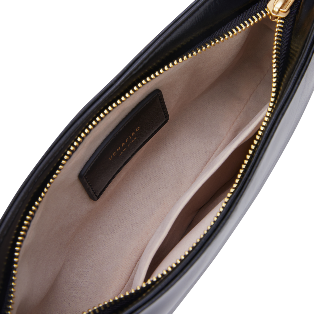 Chic Genuine Leather Black Shoulder Bag with Golden Hardware - Compact Baguette Style