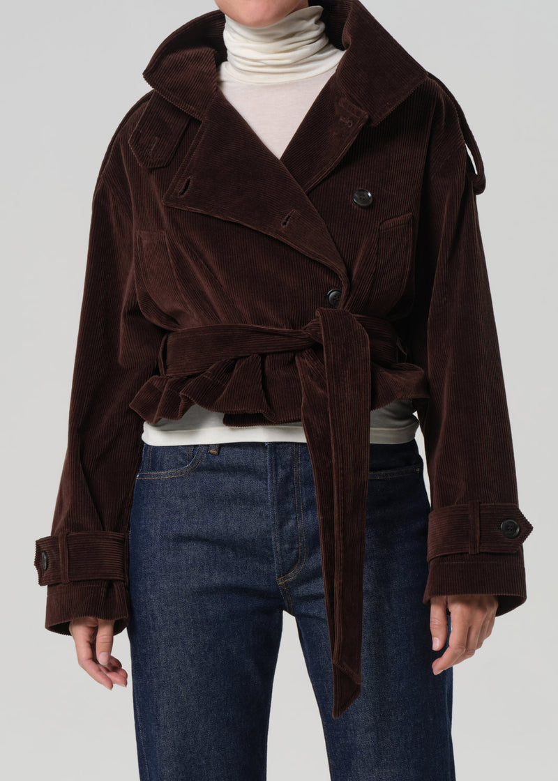 Luxurious Manuka Corduroy Short Trench Jacket: Velvety Soft, Crossover, Tie Waist