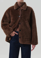 Astrid Warm Tan Sherpa Jacket - Plush Premium Wool, Cozy Button Front