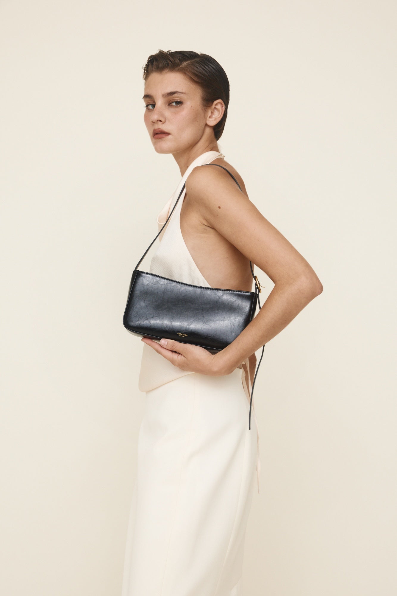 Chic Genuine Leather Black Shoulder Bag with Golden Hardware - Compact Baguette Style