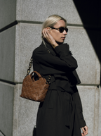 Caramel Woven Leather Basket Handbag with Adjustable Crossbody Shoulder Strap